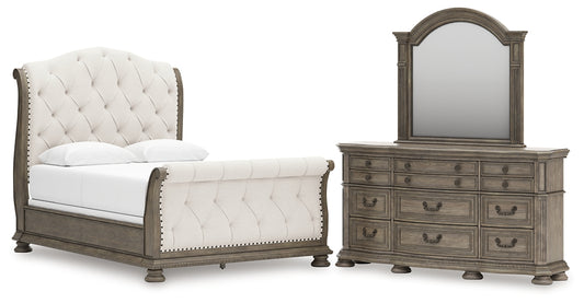 Ardenfield Queen Upholstered Sleigh Bed with Mirrored Dresser