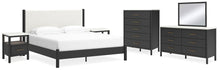 Load image into Gallery viewer, Cadmori King Upholstered Panel Bed with Mirrored Dresser, Chest and 2 Nightstands
