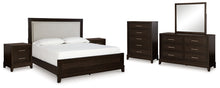 Load image into Gallery viewer, Neymorton King Upholstered Panel Bed with Mirrored Dresser, Chest and 2 Nightstands
