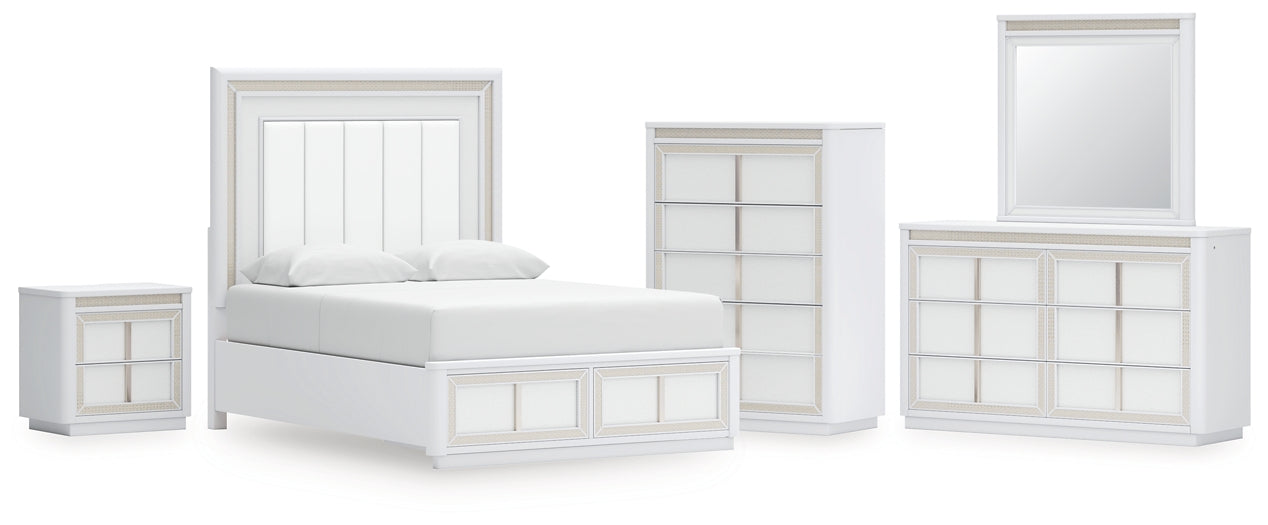Chalanna Queen Upholstered Storage Bed with Mirrored Dresser, Chest and Nightstand