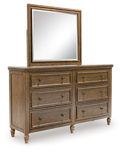 Sturlayne Queen Upholstered Panel Bed with Mirrored Dresser and Nightstand