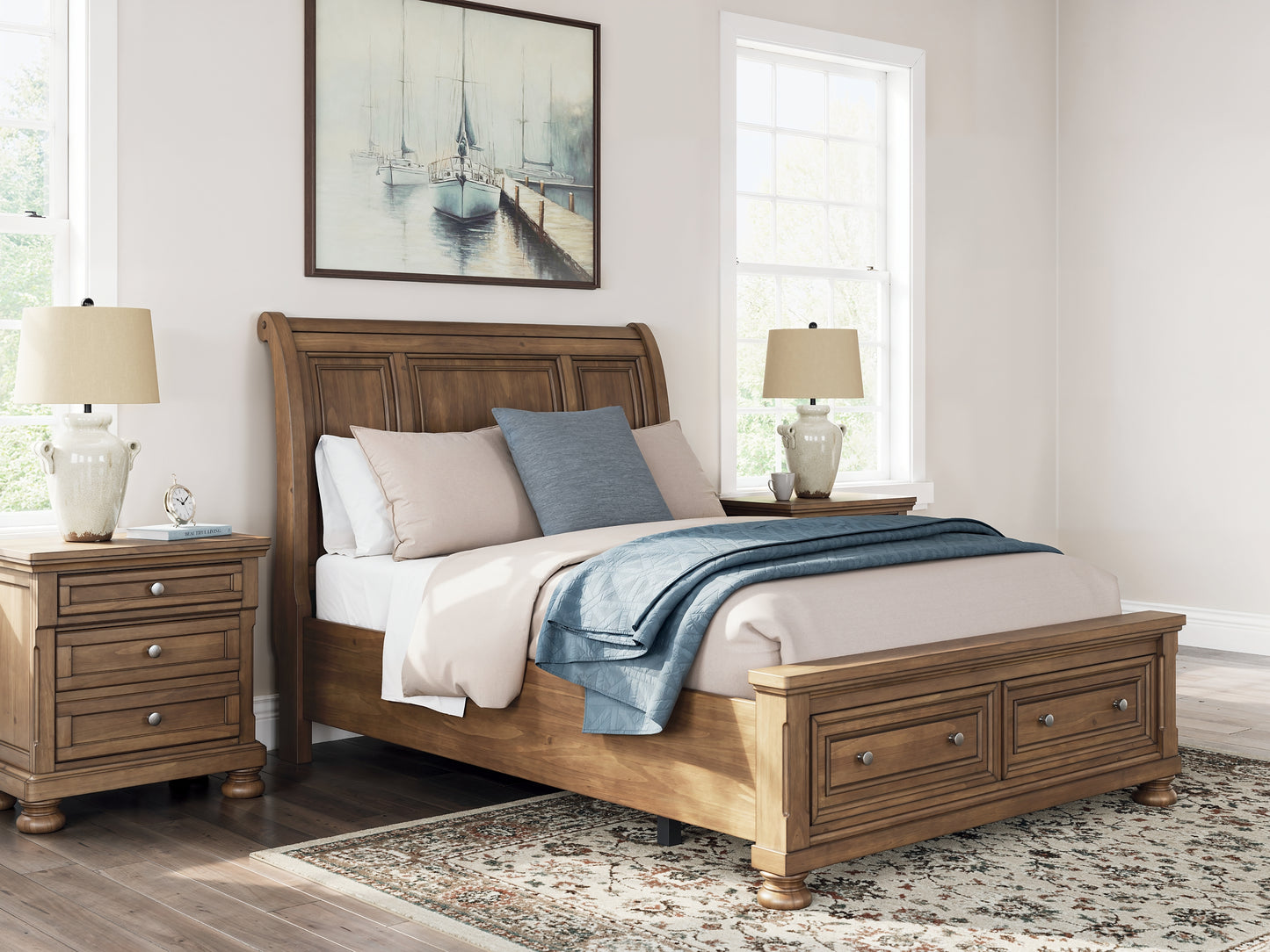 Feddinger Queen Storage Sleigh Bed with Mirrored Dresser, Chest and Nightstand