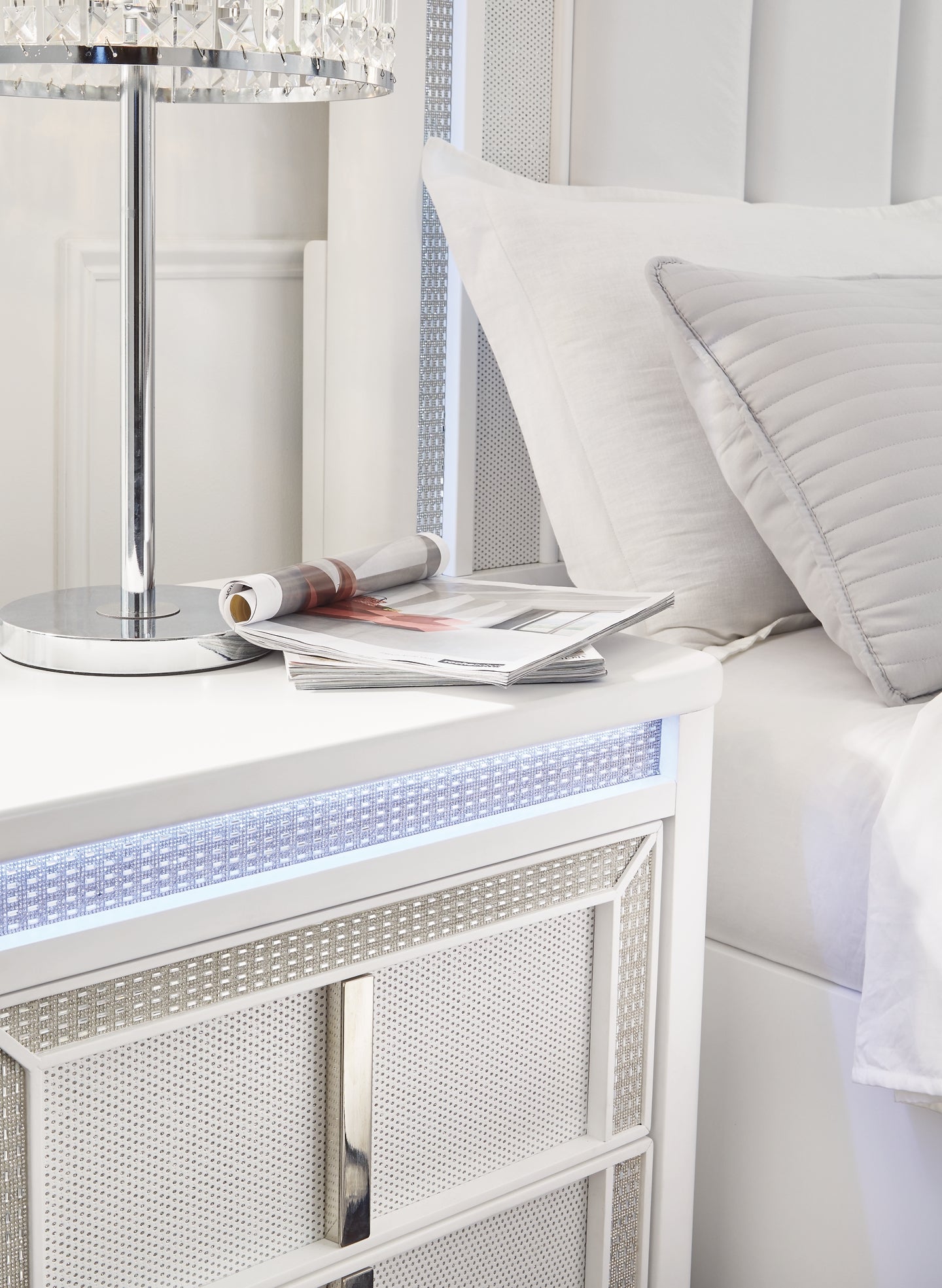 Chalanna King Upholstered Storage Bed with Mirrored Dresser, Chest and Nightstand