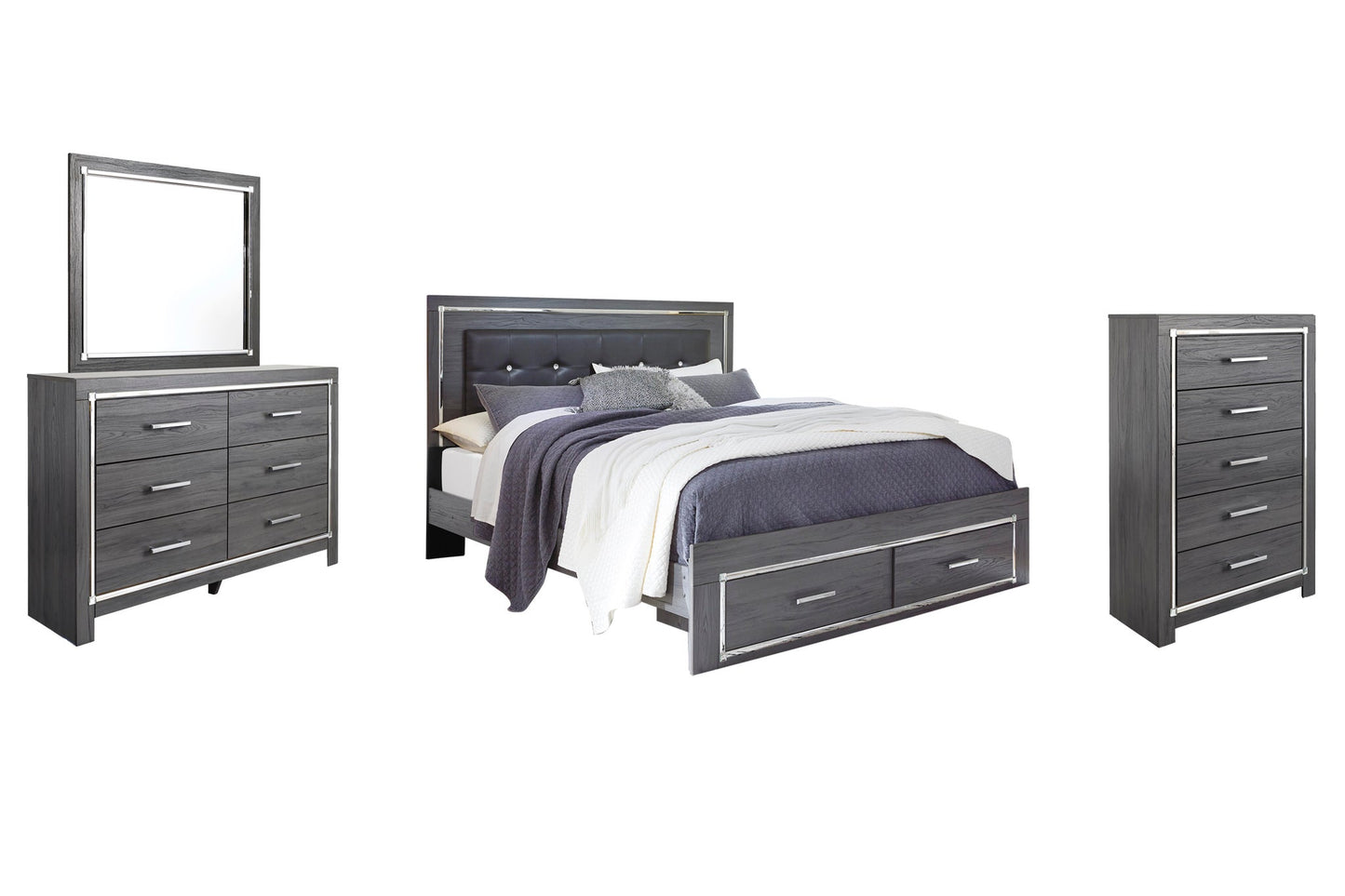 Lodanna King Panel Bed with 2 Storage Drawers, Dresser, Mirror, Chest and Nightstand