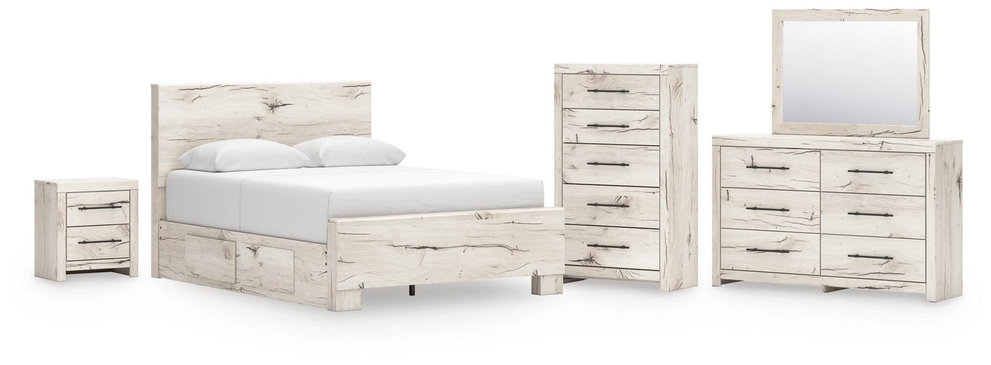 Lawroy Queen Panel Bed with Storage, Dresser, Mirror, Chest and Nightstand