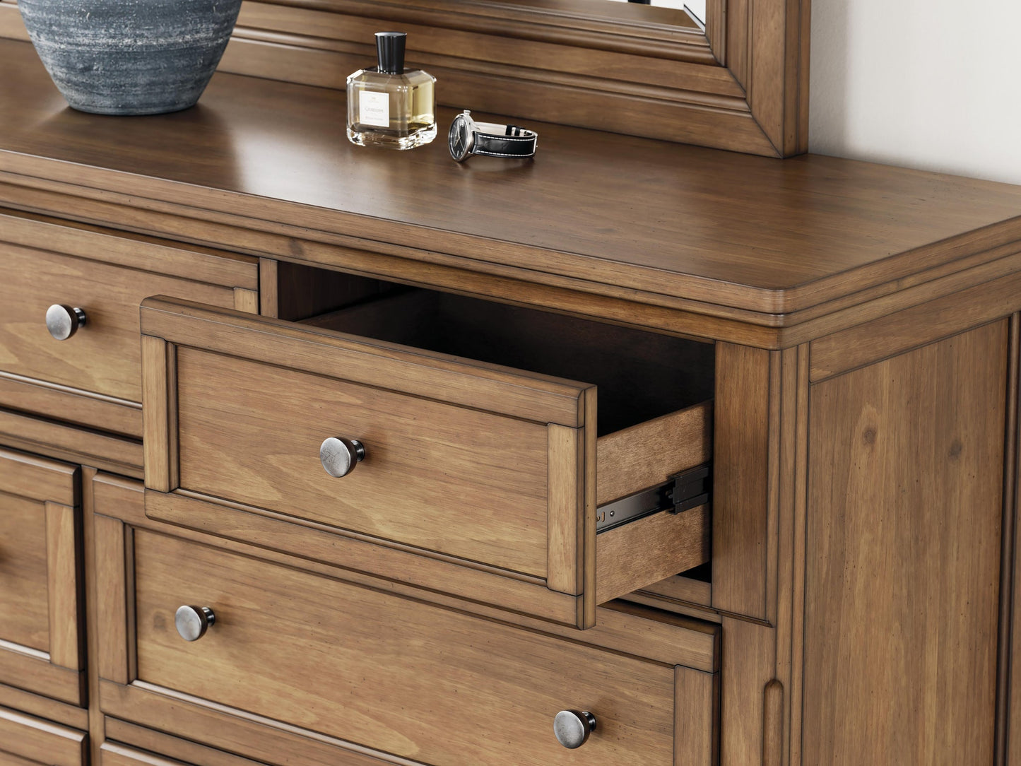 Feddinger Queen Storage Sleigh Bed with Mirrored Dresser, Chest and Nightstand