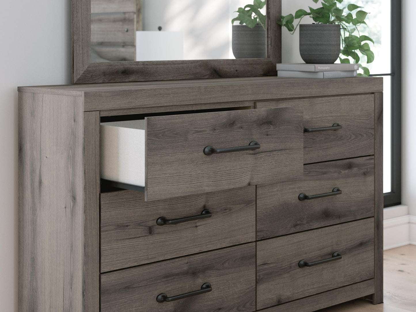 Graystorm Twin Panel Bed with Storage, Dresser, Mirror and Nightstand