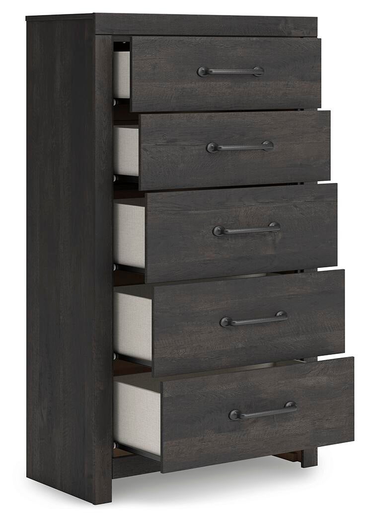 Hollivern Full Panel Bed, Dresser, Mirror, Chest and Nightstand