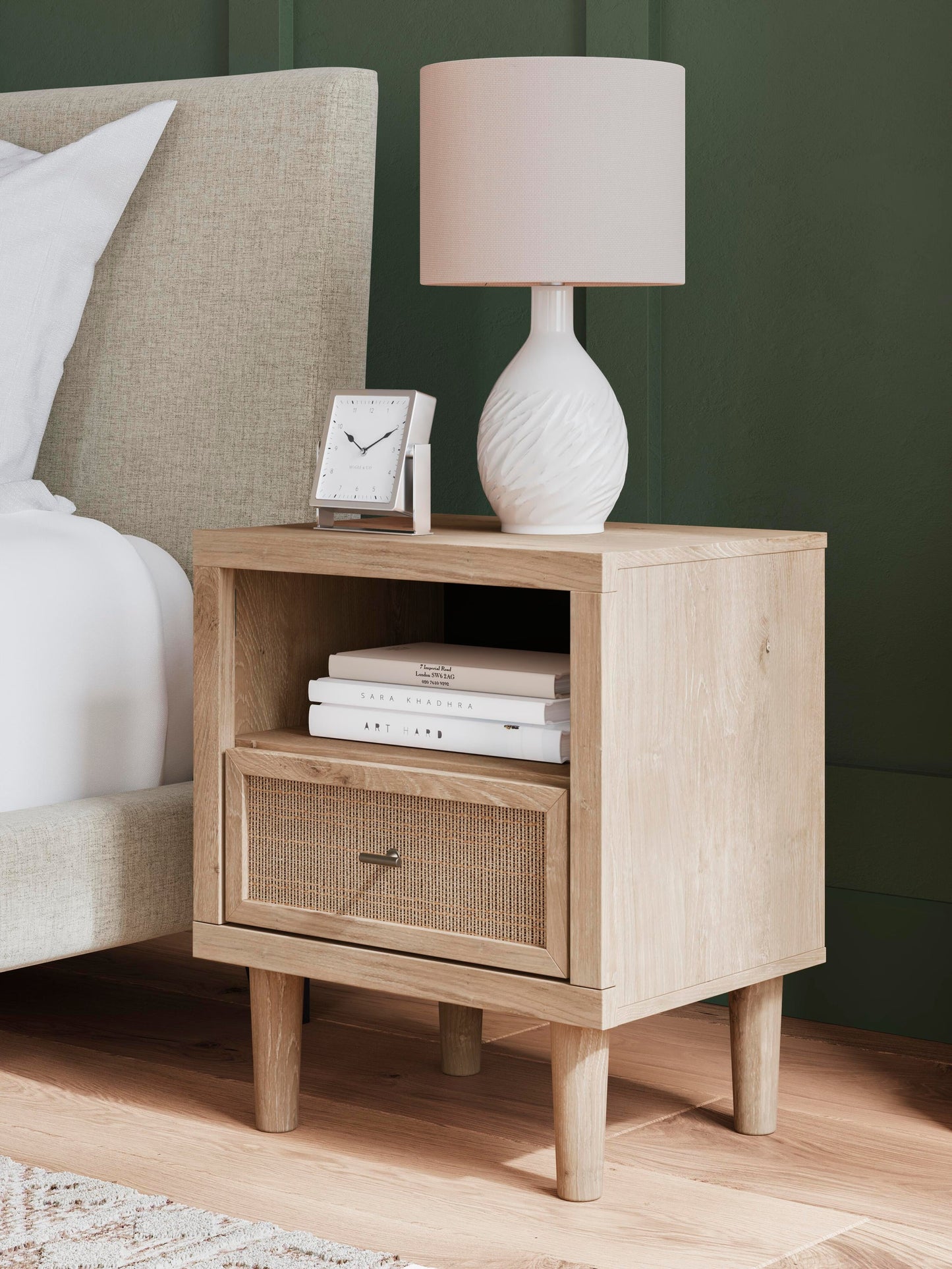 Cielden Full Upholstered Bed with Roll Slats, Dresser, Mirror and Nightstand