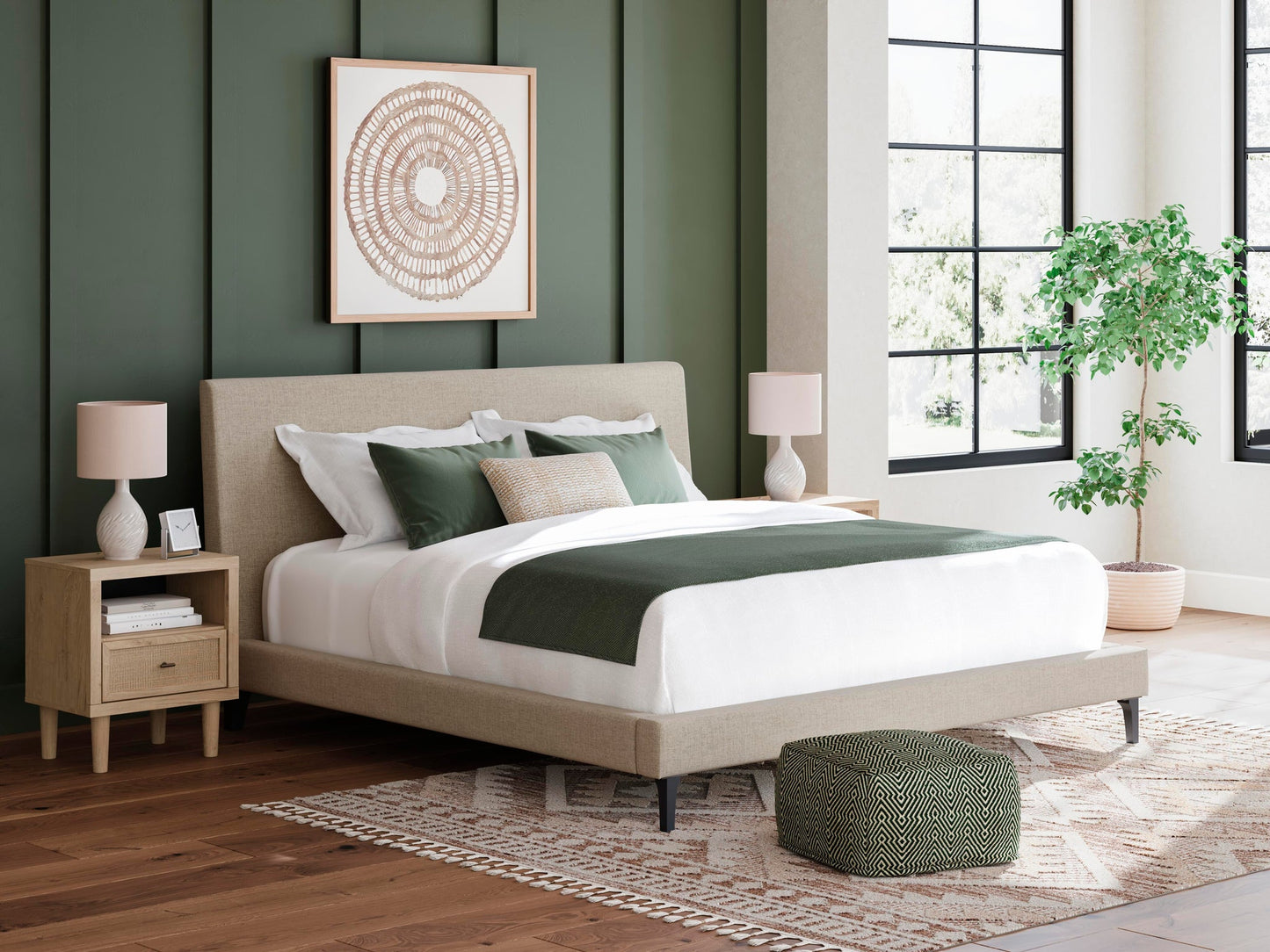 Cielden California King Upholstered Bed with Roll Slats, Dresser, Mirror and Nightstand