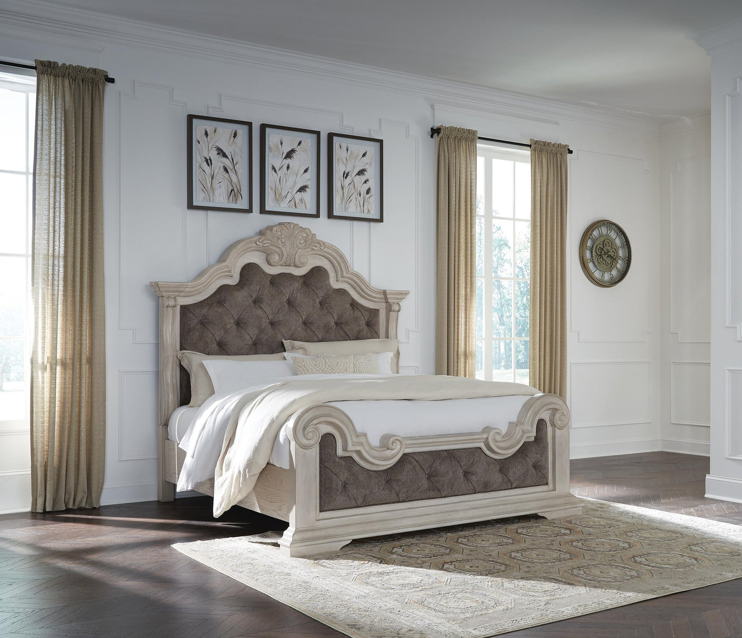 Bruchandi King Upholstered Panel Bed with Mirrored Dresser