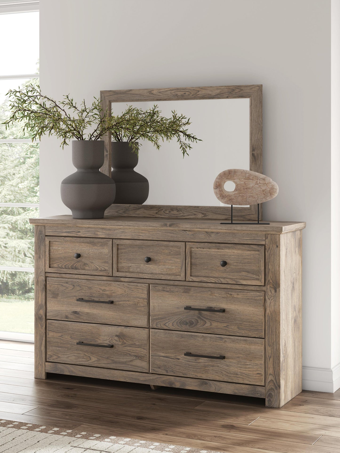 Rusticott Queen Panel Bed with Mirrored Dresser and Nightstand