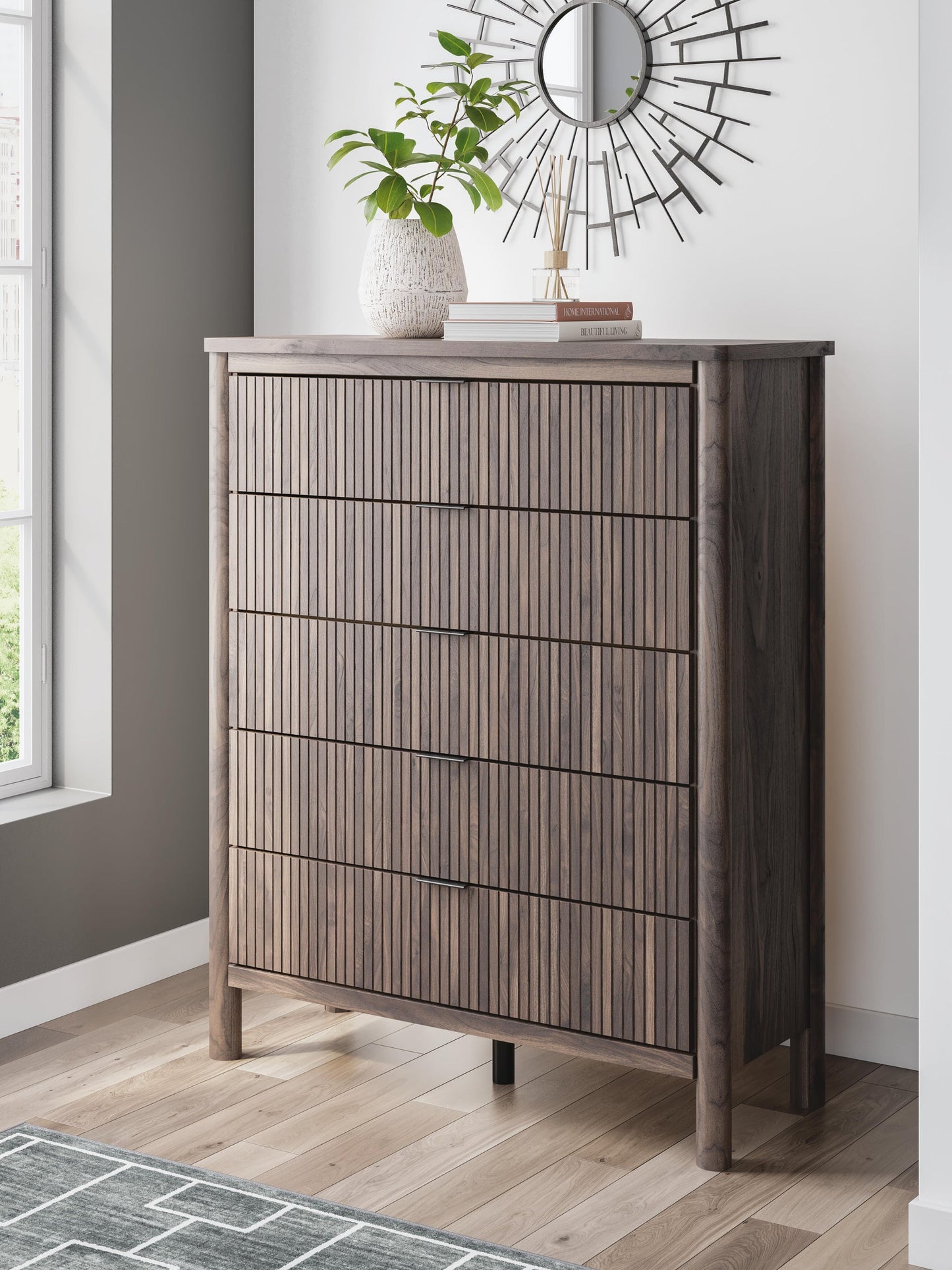 Pamytta Full Upholstered Panel Bed, Dresser, Mirror, Chest and Nightstand