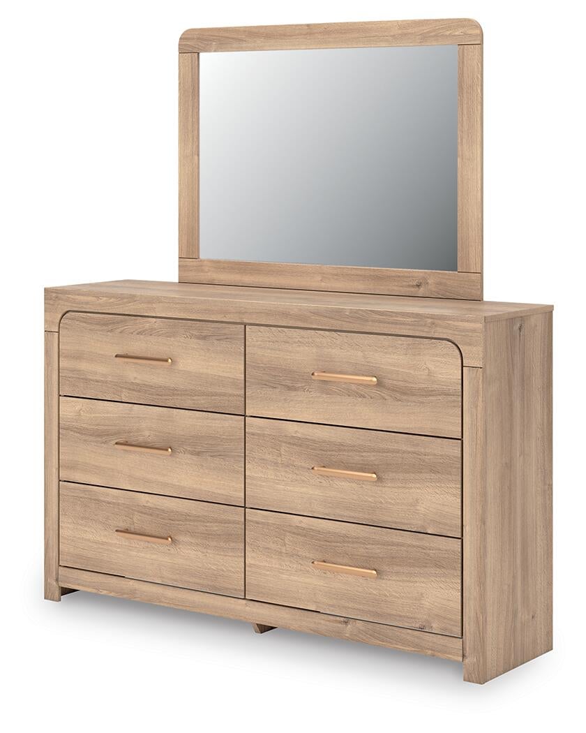 Kinlanni Queen Upholstered Platform Bed, Dresser and Mirror
