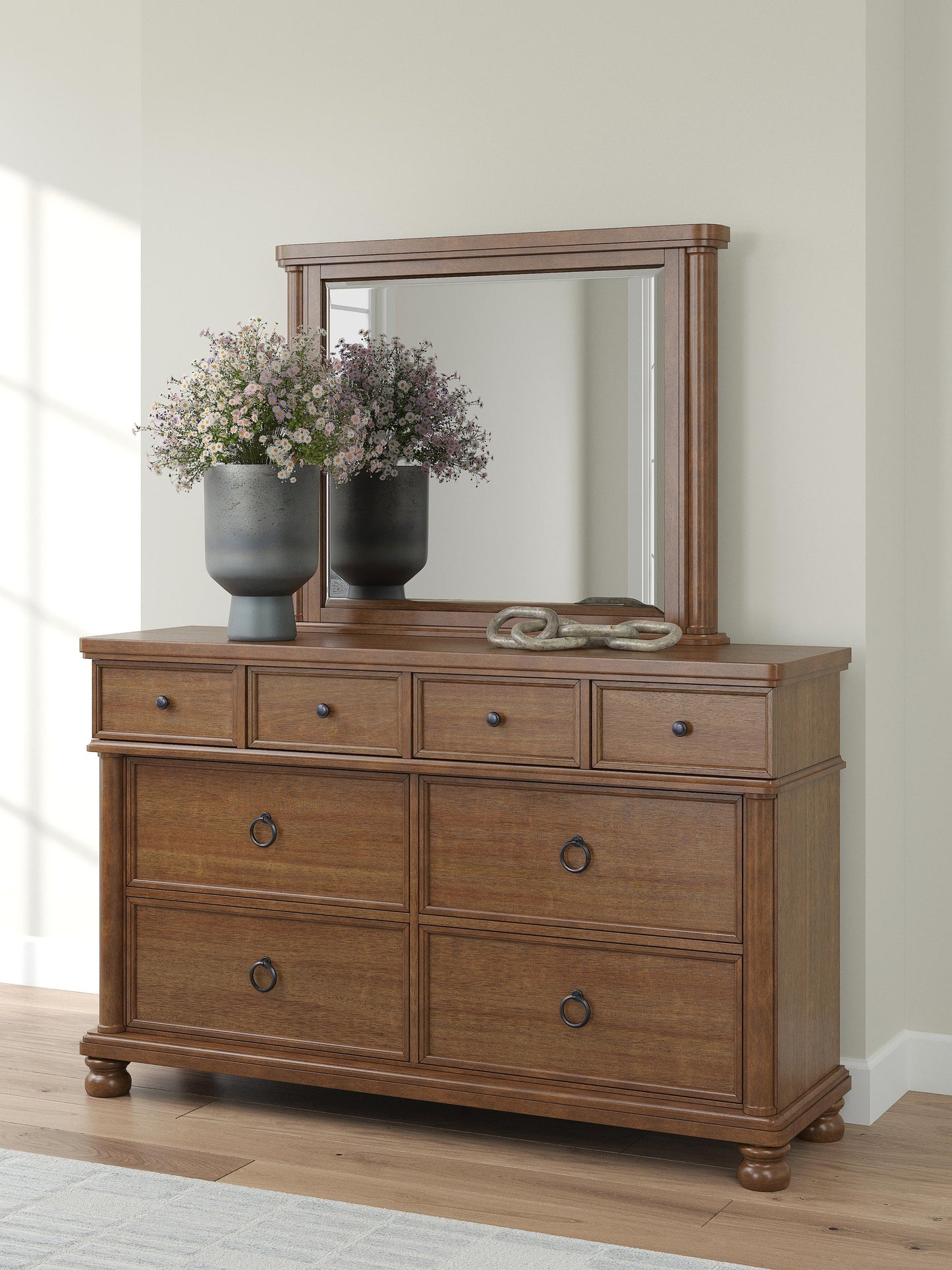 Rowlenstown California King Poster Bed with Mirrored Dresser