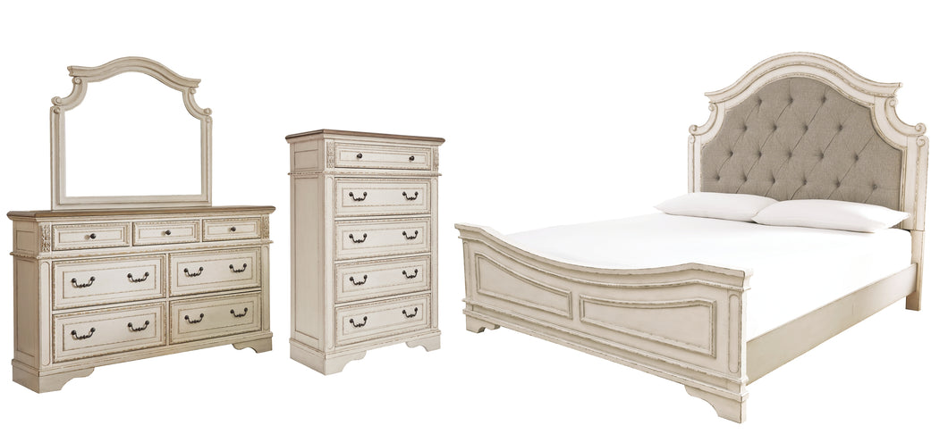 Realyn Queen Upholstered Panel Bed with Mirrored Dresser and Chest